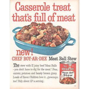 1960 Chef Boy-ar-Dee Meat Ball Stew Vintage Print Ad Blue Enamel Pan Wall Art